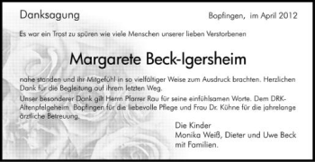 Anzeige von Margarete Beck-Igersheim von Schwäbische Zeitung