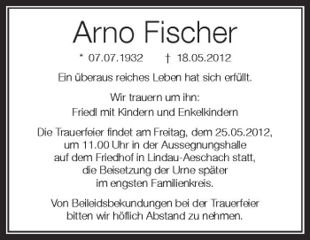 Anzeige von Arno Fischer von Schwäbische Zeitung