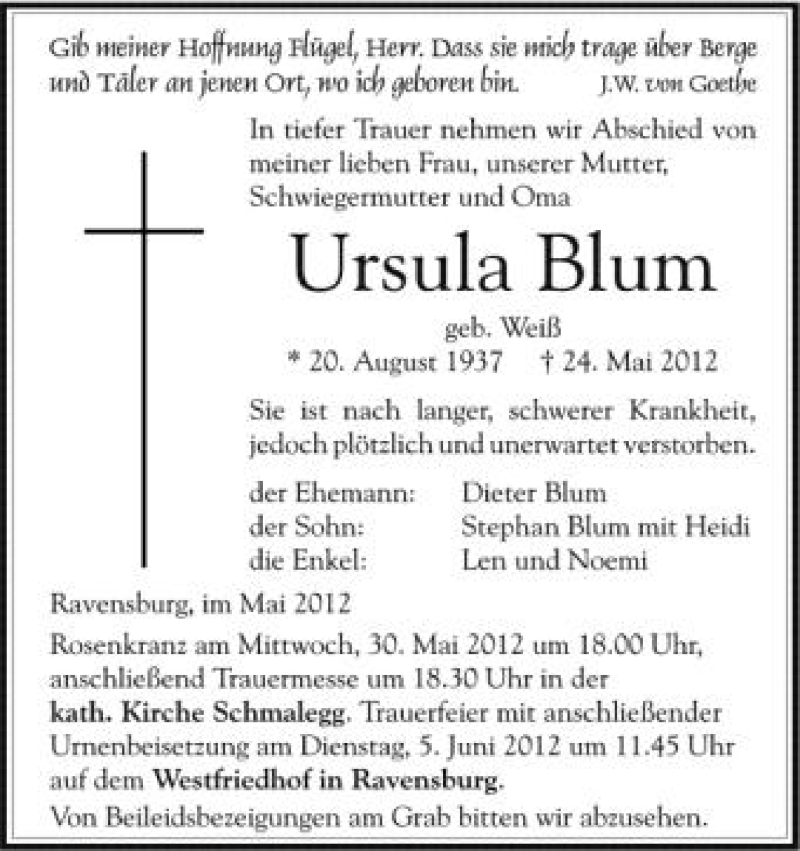  Traueranzeige für Ursula Blum vom 29.05.2012 aus Schwäbische Zeitung