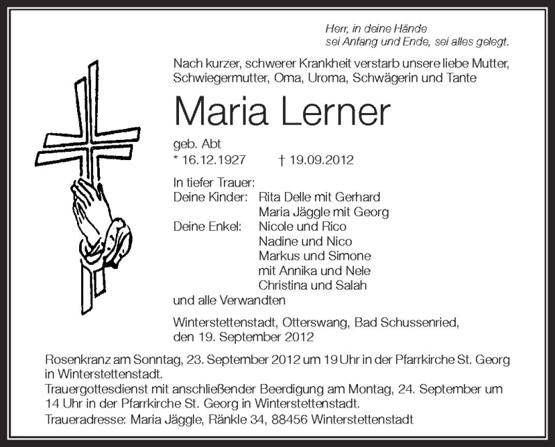  Traueranzeige für Maria Lerner vom 22.09.2012 aus Schwäbische Zeitung