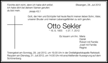 Anzeige von Otto Sekler von Schwäbische Zeitung