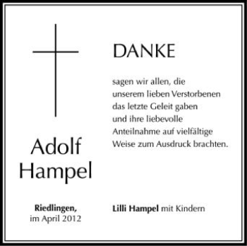 Anzeige von Adolf Hampel von Schwäbische Zeitung