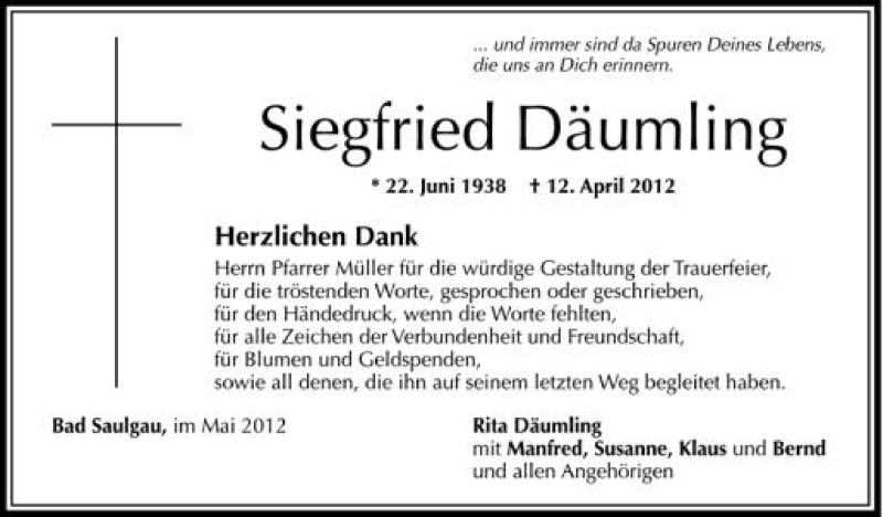  Traueranzeige für Siegfried Däumling vom 10.05.2012 aus Schwäbische Zeitung