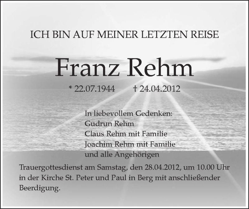  Traueranzeige für Franz Rehm vom 27.04.2012 aus Schwäbische Zeitung