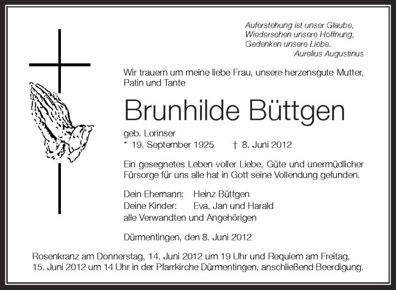  Traueranzeige für Brunhilde Büttgen vom 13.06.2012 aus Schwäbische Zeitung