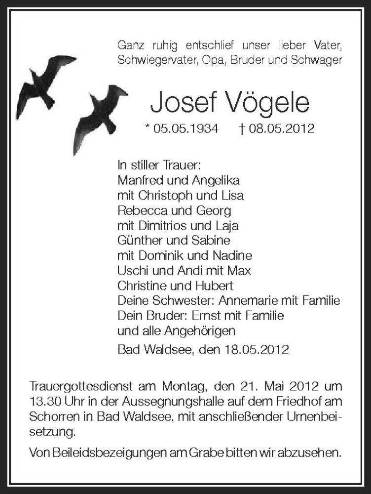  Traueranzeige für Josef Vögele vom 18.05.2012 aus Schwäbische Zeitung