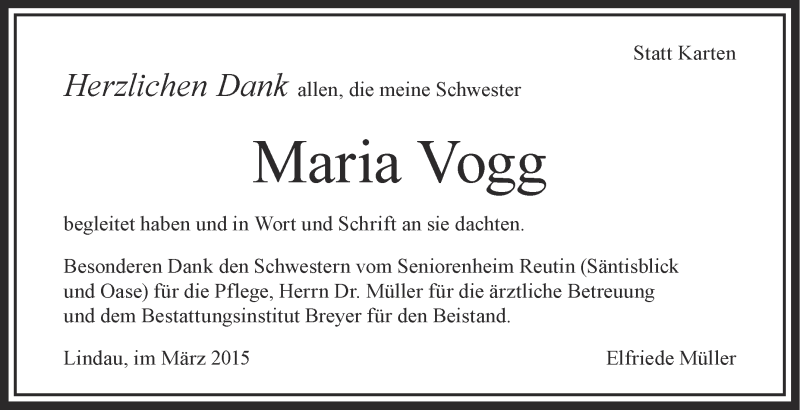  Traueranzeige für Maria Vogg vom 28.03.2015 aus Schwäbische Zeitung