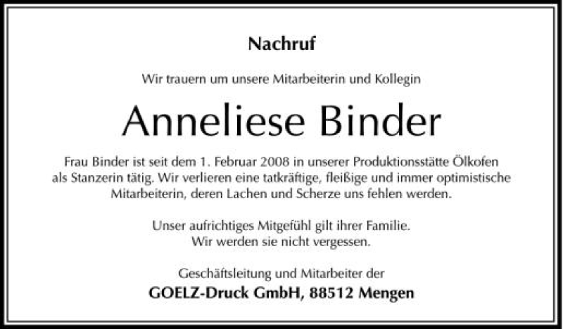  Traueranzeige für Anneliese Binder vom 01.08.2012 aus Schwäbische Zeitung
