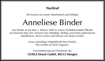 Anzeige von Anneliese Binder von Schwäbische Zeitung