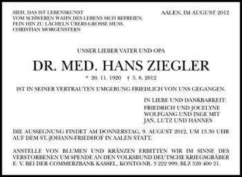 Anzeige von Hans Ziegler von Schwäbische Zeitung