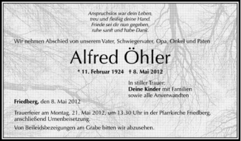 Anzeige von Alfred Öhler von Schwäbische Zeitung