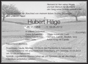 Anzeige von Hubert Häge von Schwäbische Zeitung