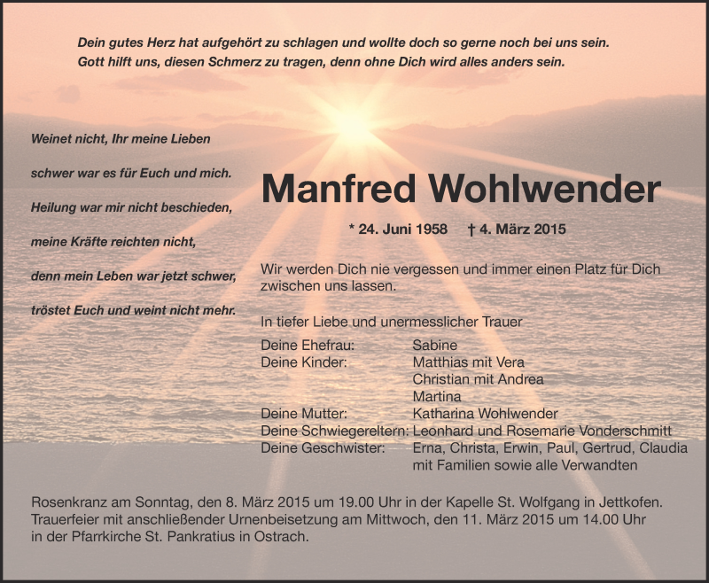  Traueranzeige für Manfred Wohlwender vom 07.03.2015 aus Schwäbische Zeitung