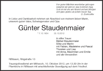 Anzeige von Günter Staudenmaier von Schwäbische Zeitung