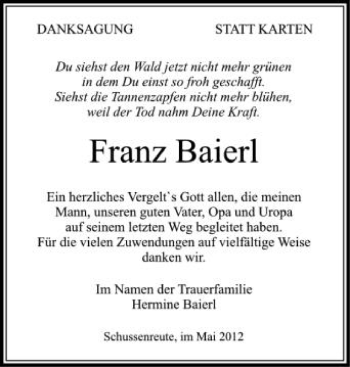 Anzeige von Franz Baierl von Schwäbische Zeitung