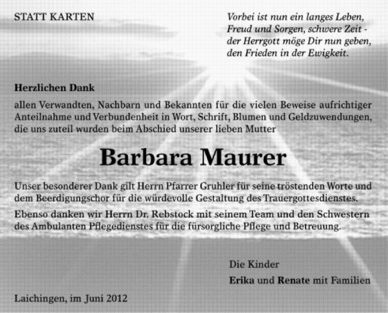  Traueranzeige für Barbara Maurer vom 16.06.2012 aus Schwäbische Zeitung