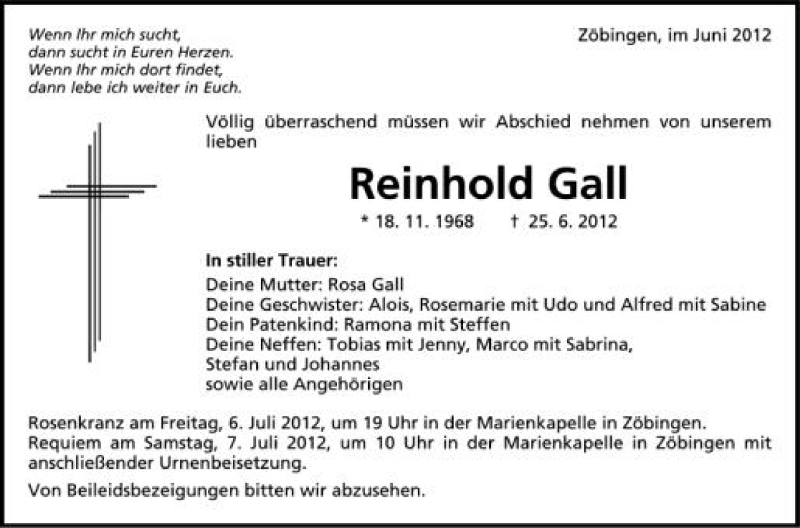  Traueranzeige für Reinhold Gall vom 04.07.2012 aus Schwäbische Zeitung