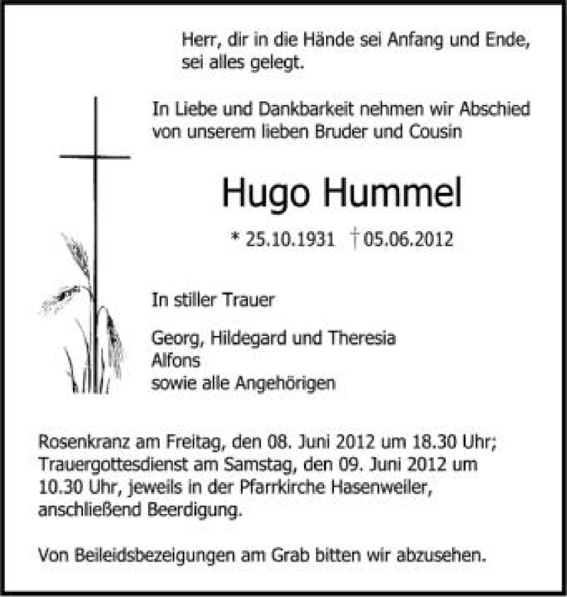  Traueranzeige für Hugo Hummel vom 08.06.2012 aus Schwäbische Zeitung