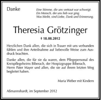 Anzeige von Theresia Grötzinger von Schwäbische Zeitung