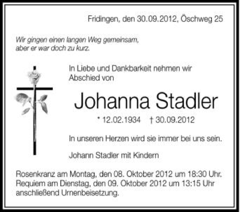  Traueranzeige für Johanna Stadler vom 05.10.2012 aus Schwäbische Zeitung