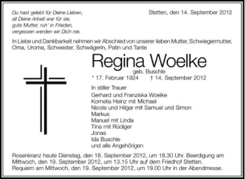 Anzeige von Regina Woelke von Schwäbische Zeitung
