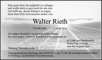 Anzeige von Walter Rieth von Schwäbische Zeitung