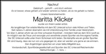 Anzeige von Maritta Klicker von Schwäbische Zeitung