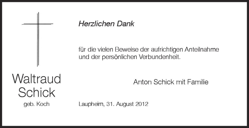  Traueranzeige für Waltraud Schick vom 31.08.2012 aus Schwäbische Zeitung