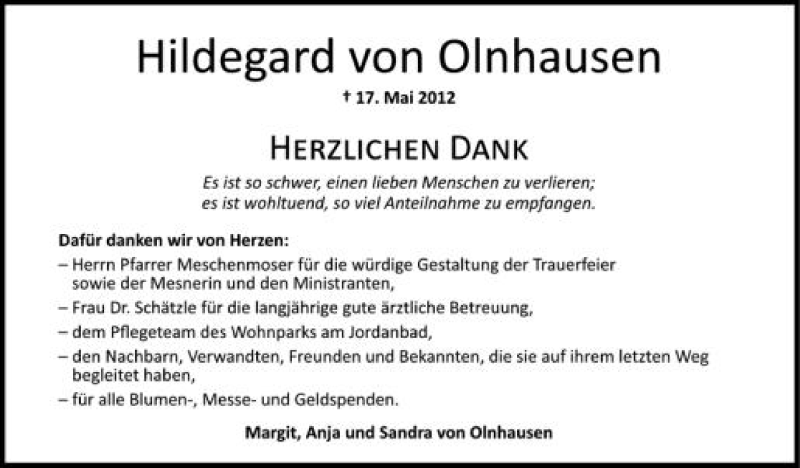  Traueranzeige für Hildegard von Olnhausen vom 01.06.2012 aus Schwäbische Zeitung