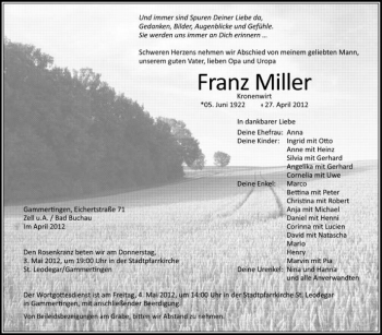 Anzeige von Franz Miller von Schwäbische Zeitung