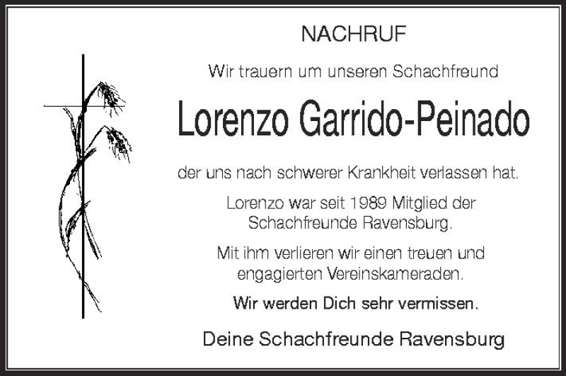  Traueranzeige für Lorenzo Garrido-Peinado vom 08.05.2012 aus Schwäbische Zeitung