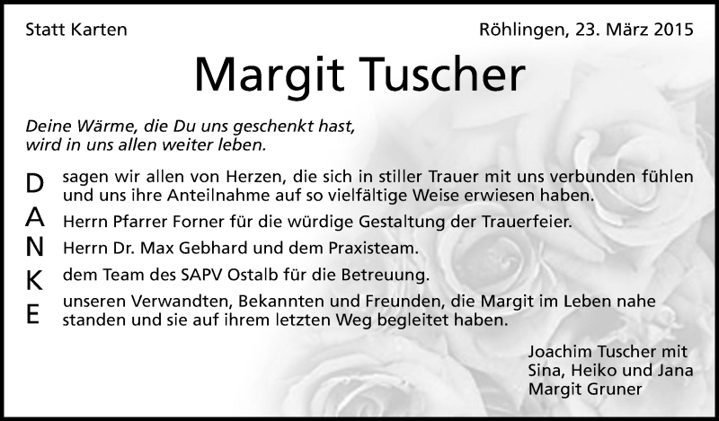  Traueranzeige für Margit Tuscher vom 23.03.2015 aus Schwäbische Zeitung
