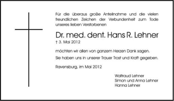 Anzeige von Hans Lehner von Schwäbische Zeitung
