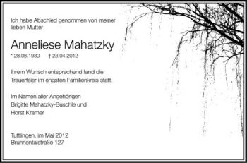 Anzeige von Anneliese Mahatzky von Schwäbische Zeitung