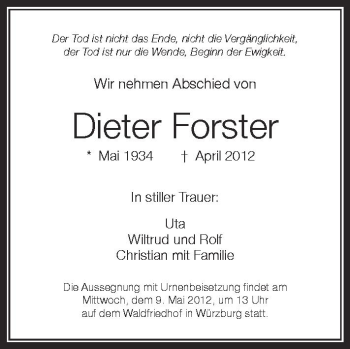 Anzeige von Dieter Forster von Schwäbische Zeitung
