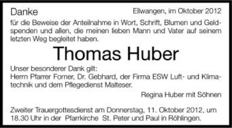  Traueranzeige für Thomas Huber vom 09.10.2012 aus Schwäbische Zeitung
