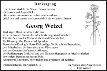 Anzeige von Georg Wetzel von Schwäbische Zeitung