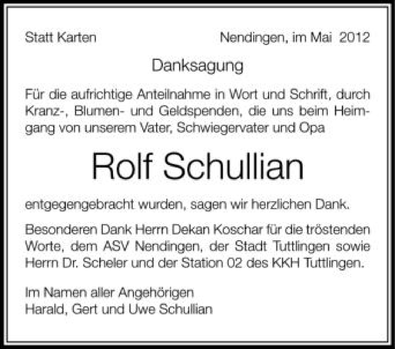  Traueranzeige für Rolf Schullian vom 16.05.2012 aus Schwäbische Zeitung