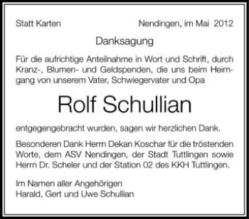 Anzeige von Rolf Schullian von Schwäbische Zeitung