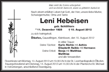 Anzeige von Leni Hebeisen von Schwäbische Zeitung