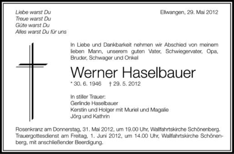  Traueranzeige für Werner Haselbauer vom 31.05.2012 aus Schwäbische Zeitung