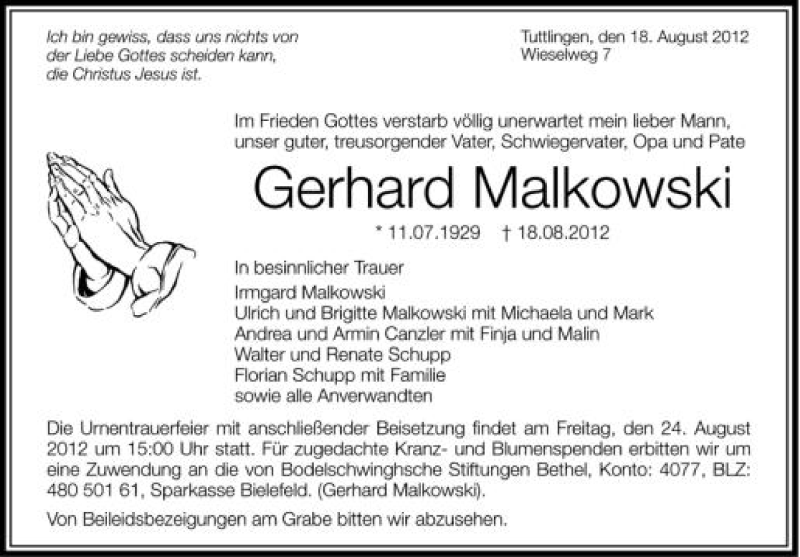  Traueranzeige für Gerhard Malkowski vom 22.08.2012 aus Schwäbische Zeitung