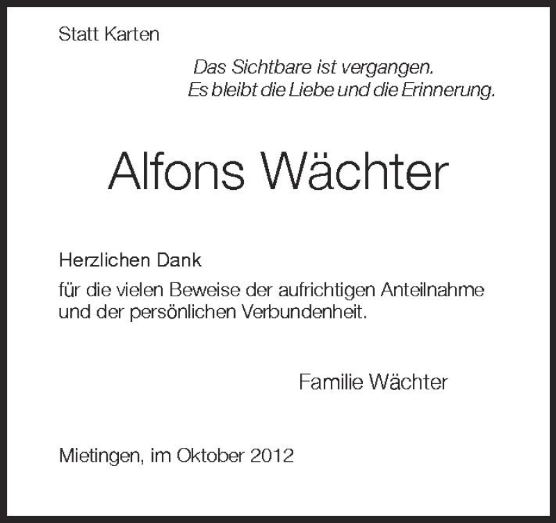  Traueranzeige für Alfons Wächter vom 06.10.2012 aus Schwäbische Zeitung