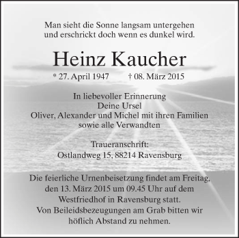Anzeige von Heinz Kaucher von Schwäbische Zeitung