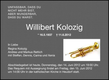 Anzeige von Willibert Kolozig von Schwäbische Zeitung