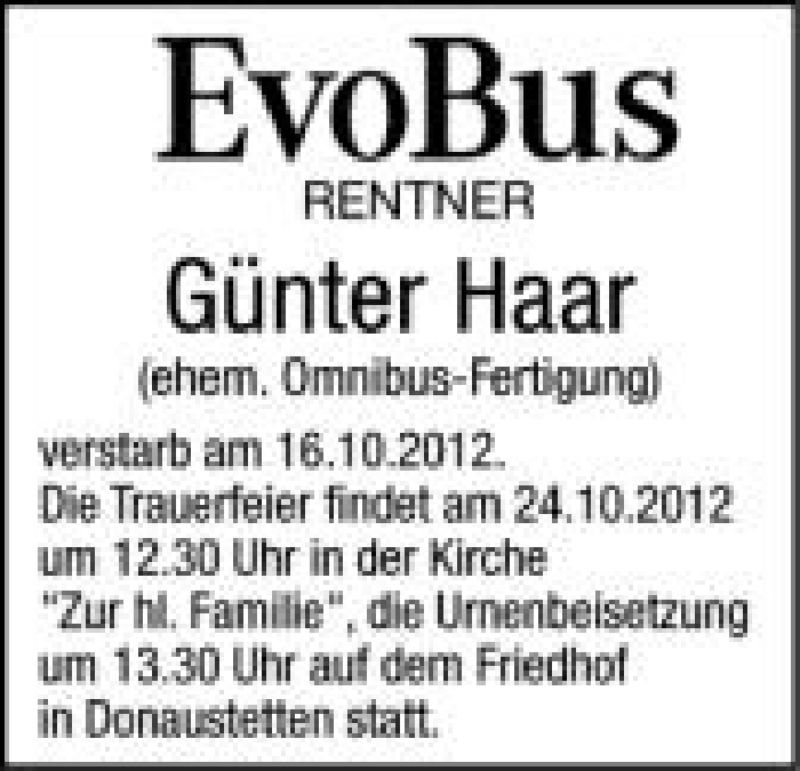  Traueranzeige für Günter Haar vom 20.10.2012 aus Schwäbische Zeitung