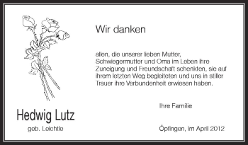 Anzeige von Hedwig Lutz von Schwäbische Zeitung
