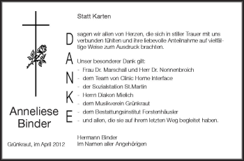 Anzeige von Anneliese Binder von Schwäbische Zeitung
