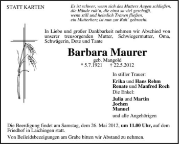 Anzeige von Barbara Maurer von Schwäbische Zeitung