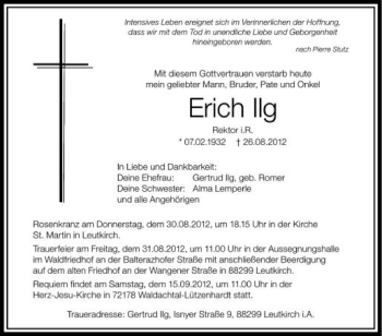 Anzeige von Erich Ilg von Schwäbische Zeitung